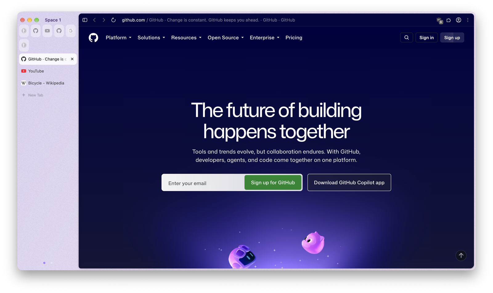 Biba showing GitHub: the toolbar turns dark to match the site, pinned sites sit as tiles at the top of the sidebar