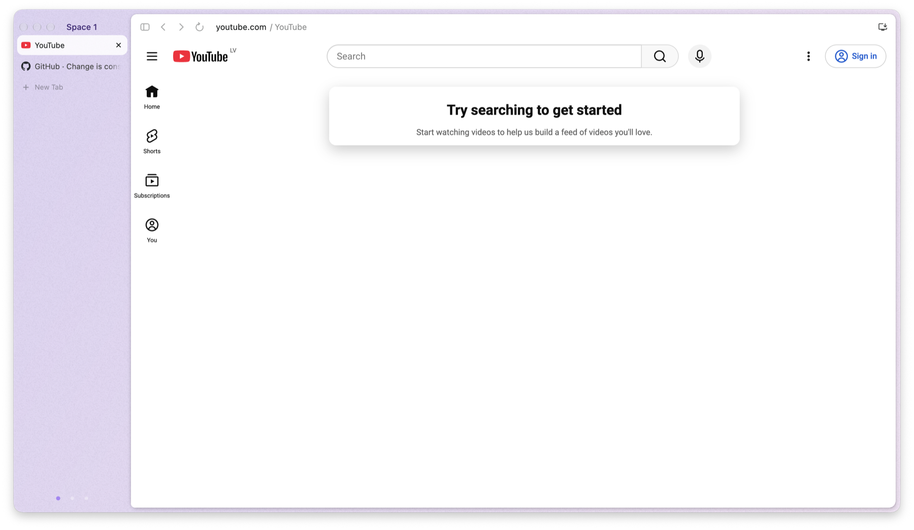A Biba window: a lilac sidebar with tabs on the left, YouTube open in a rounded card on the right